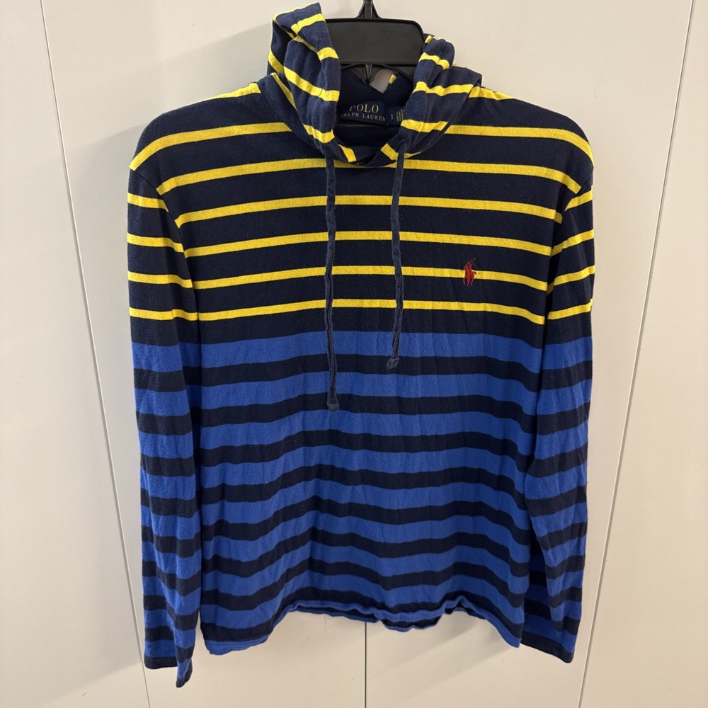 Polo Ralph Lauren Shirt Mens Small Navy Yellow Striped Hood Pullover Pony